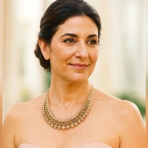 Faceted Bead Statement Necklace Gold Chain Layered Collar in Blush Pink